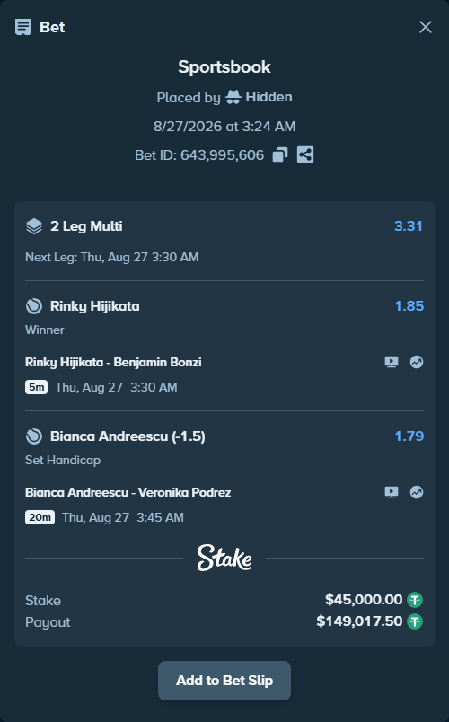Bet slip: Rinky Hijikata - Benjamin Bonzi, $45,000.00 stake at 1.85 odds, placed by Hidden