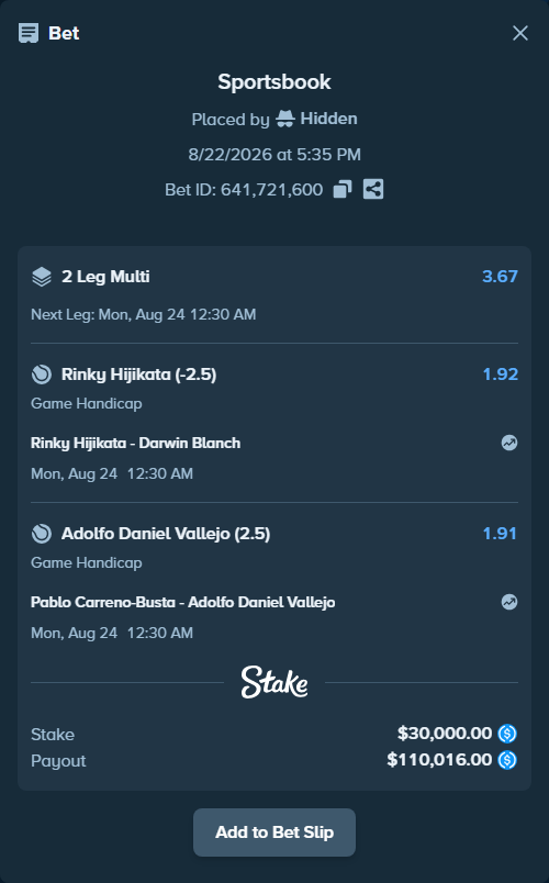 Bet slip: Rinky Hijikata - Darwin Blanch, $30,000.00 stake at 1.92 odds, placed by Hidden