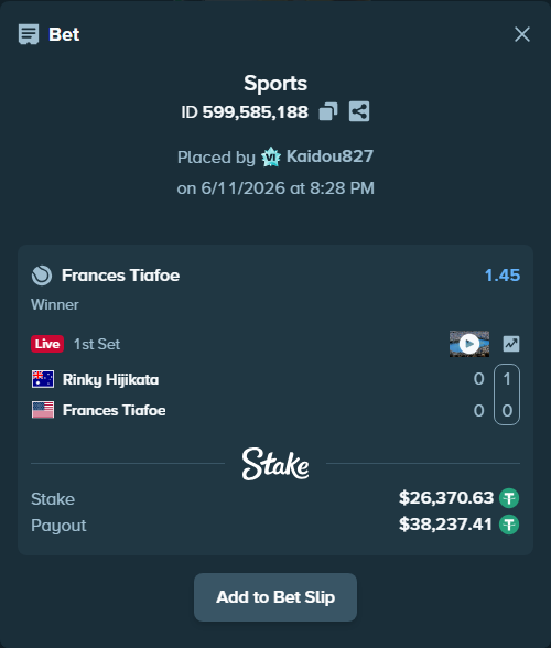 Bet slip: Rinky Hijikata - Frances Tiafoe, $26,397.00 stake at 1.45 odds, placed by Kaidou827