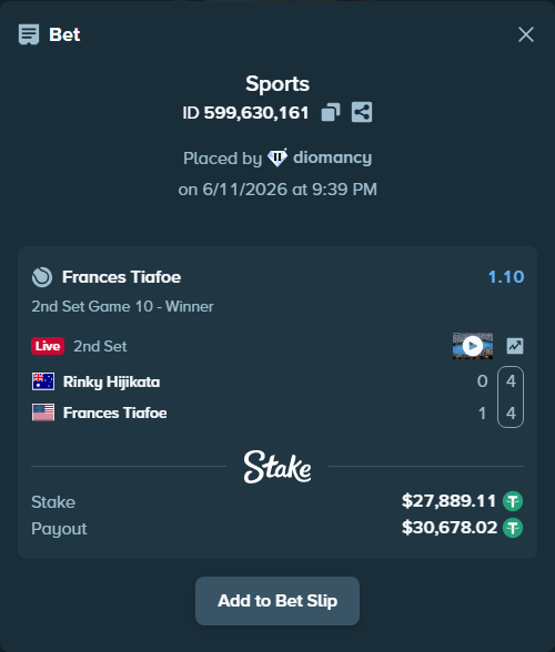 Bet slip: Rinky Hijikata - Frances Tiafoe, $27,917.00 stake at 1.10 odds, placed by diomancy