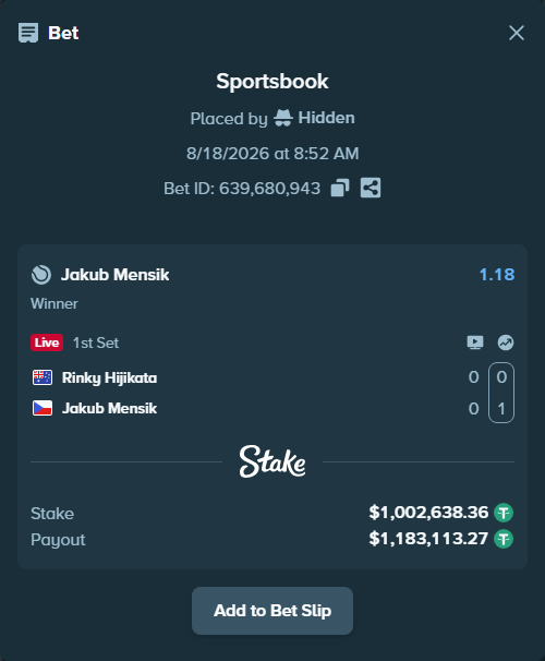 Bet slip: Rinky Hijikata - Jakub Mensik, $1,003,641.00 stake at 1.18 odds, placed by Hidden