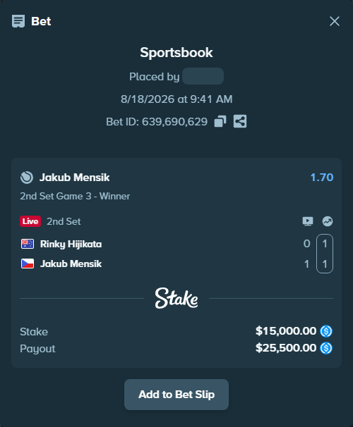 Bet slip: Rinky Hijikata - Jakub Mensik, $15,000.00 stake at 1.70 odds, placed by lucymasi