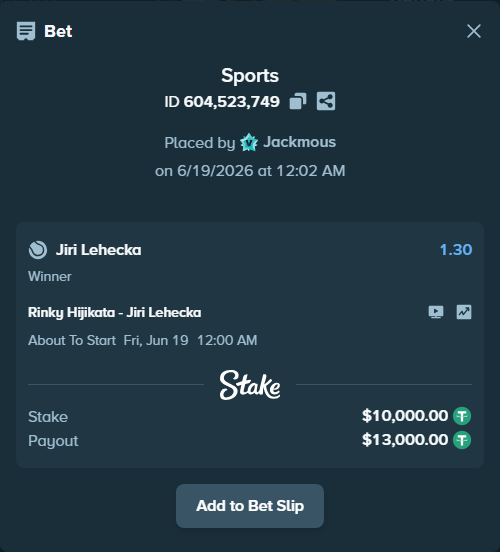Bet slip: Rinky Hijikata - Jiri Lehecka, $10,010.00 stake at 1.30 odds, placed by Jackmous