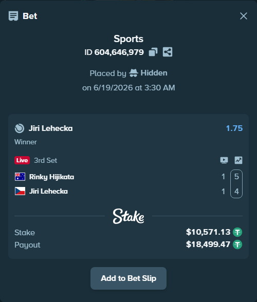 Bet slip: Rinky Hijikata - Jiri Lehecka, $10,581.70 stake at 1.75 odds, placed by Hidden