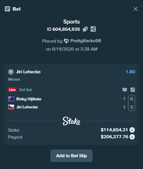 Bet slip: Rinky Hijikata - Jiri Lehecka, $120,176.73 stake at 1.80 odds, placed by Prettylfacko98