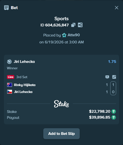 Bet slip: Rinky Hijikata - Jiri Lehecka, $22,821.00 stake at 1.75 odds, placed by Atte90