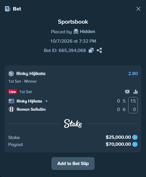 Bet slip: Rinky Hijikata - Roman Safiullin, $25,000.00 stake at 2.80 odds, placed by Hidden