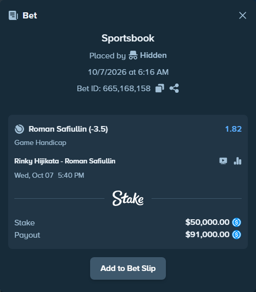 Bet slip: Rinky Hijikata - Roman Safiullin, $50,000.00 stake at 1.82 odds, placed by Hidden