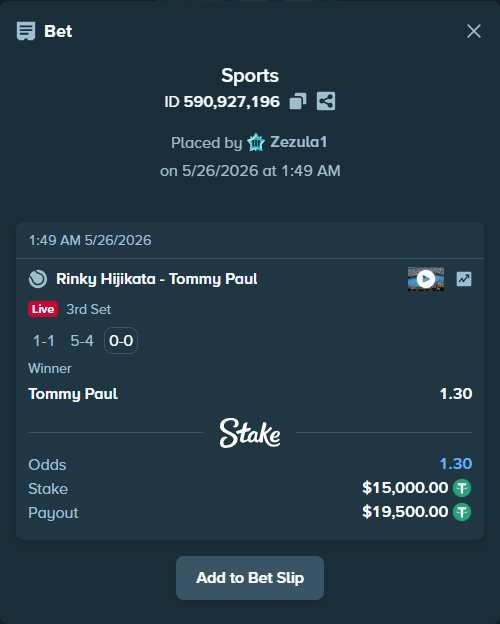 Bet slip: Rinky Hijikata - Tommy Paul, $15,000.00 stake at 1.30 odds, placed by Zezula1