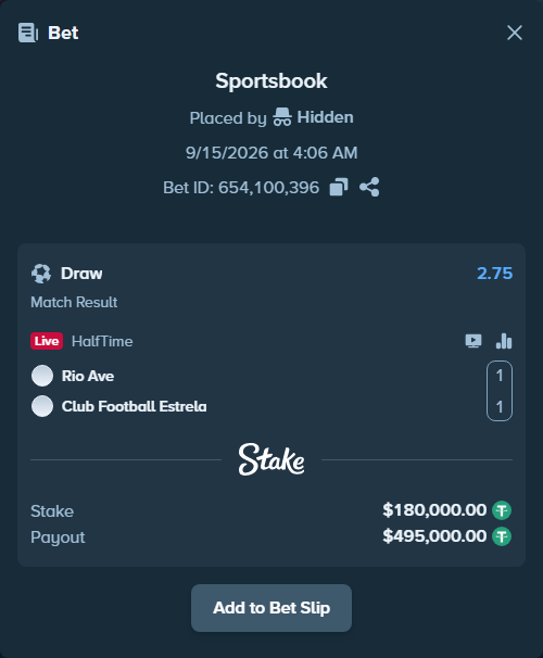 Bet slip: Rio Ave - Estrela Amadora, $180,000.00 stake at 2.75 odds, placed by Hidden