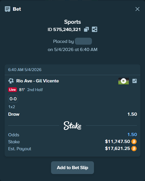 Bet slip: Rio Ave - Gil Vicente, $9,575.34 stake at 1.50 odds, placed by Hophi777