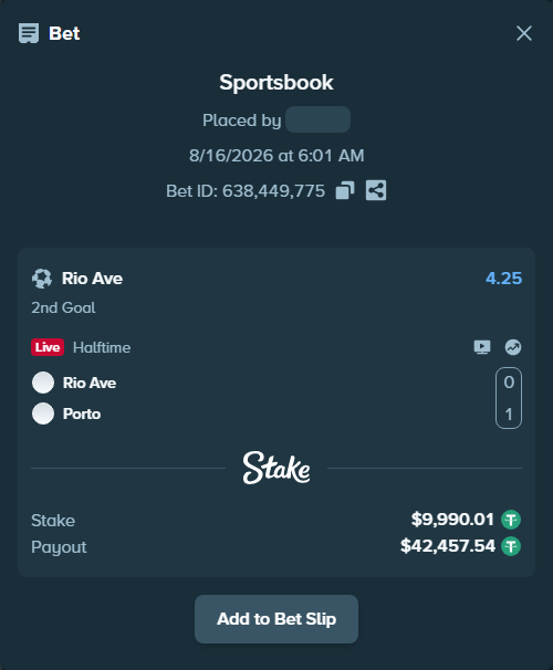 Bet slip: Rio Ave - Porto, $10,000.00 stake at 4.25 odds, placed by ArdianHertica