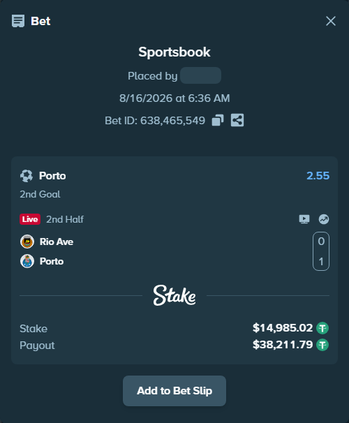Bet slip: Rio Ave - Porto, $15,000.00 stake at 2.55 odds, placed by ArdianHertica