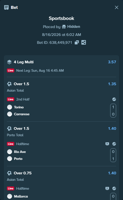 Bet slip: Rio Ave - Porto, $200,200.00 stake at 1.40 odds, placed by Hidden