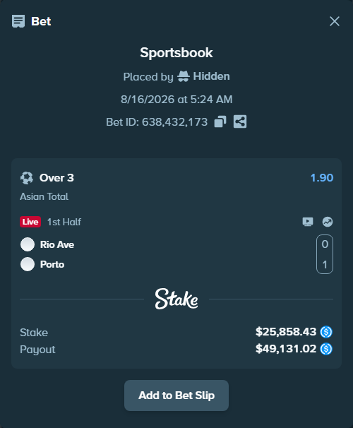 Bet slip: Rio Ave - Porto, $25,858.43 stake at 1.90 odds, placed by Hidden