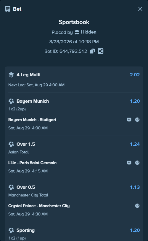 Bet slip: Rio Ave - Sporting, $10,000.00 stake at 1.20 odds, placed by Hidden