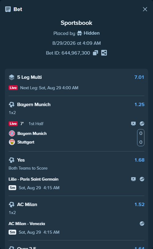 Bet slip: Rio Ave - Sporting, $14,990.00 stake at 1.34 odds, placed by Hidden