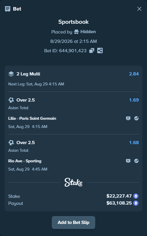 Bet slip: Rio Ave - Sporting, $22,421.65 stake at 1.68 odds, placed by Hidden