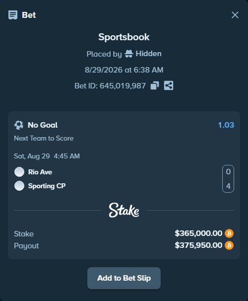 Bet slip: Rio Ave - Sporting, $365,177.41 stake at 1.03 odds, placed by Hidden