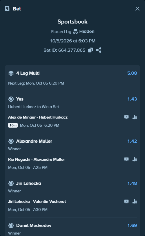 Bet slip: Rio Noguchi - Alexandre Muller, $43,517.83 stake at 1.42 odds, placed by Hidden
