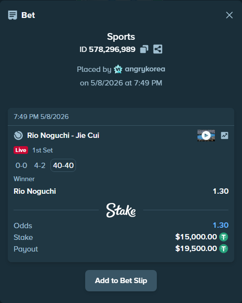 Bet slip: Rio Noguchi - Jie Cui, $15,000.00 stake at 1.30 odds, placed by angrykorea