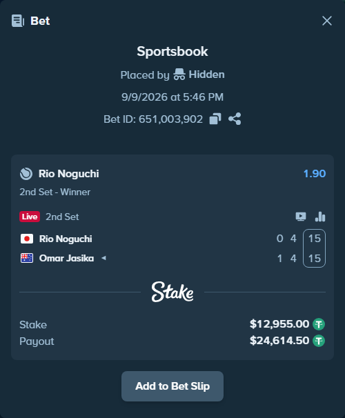 Bet slip: Rio Noguchi - Omar Jasika, $12,955.00 stake at 1.90 odds, placed by Hidden