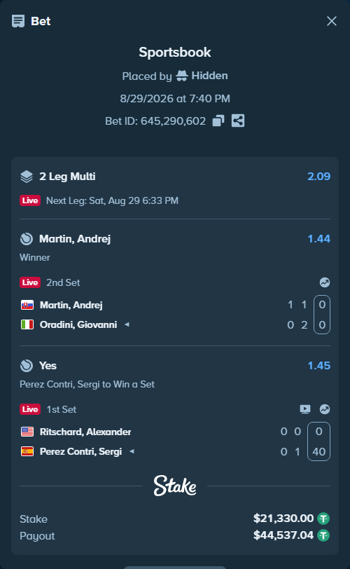 Bet slip: Ritschard, Alexander - Perez Contri, Sergi, $21,330.00 stake at 1.45 odds, placed by Hidden