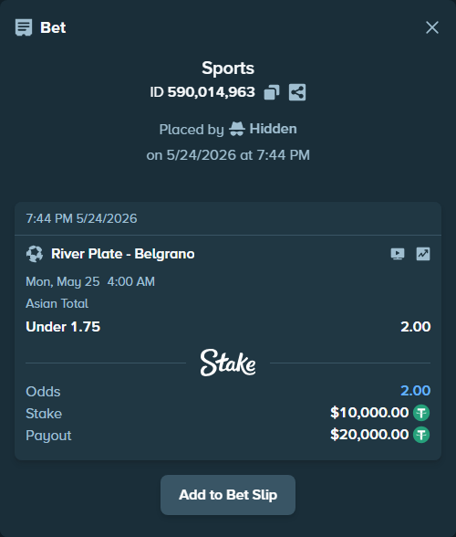 Bet slip: River Plate - Belgrano, $10,000.00 stake at 2.00 odds, placed by Hidden