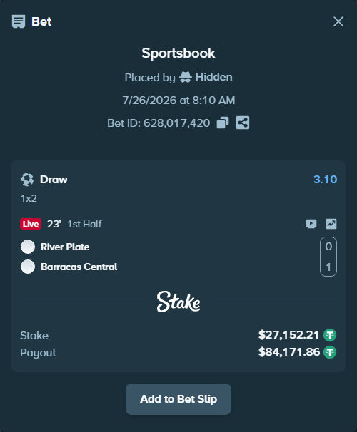 Bet slip: River Plate - CA Barracas Central, $27,179.37 stake at 3.10 odds, placed by Hidden