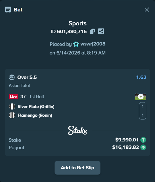 Bet slip: River Plate (Griffin) - Flamengo (Ronin), $10,000.00 stake at 1.62 odds, placed by wswrj2008