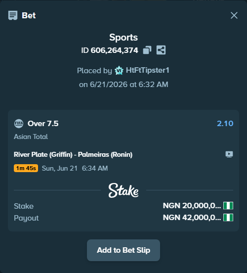 Bet slip: River Plate (Griffin) - Palmeiras (Ronin), $12,000.00 stake at 2.10 odds, placed by HtFtTipster1
