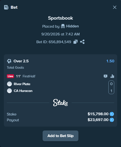 Bet slip: River Plate - Huracan, $15,798.00 stake at 1.50 odds, placed by Hidden
