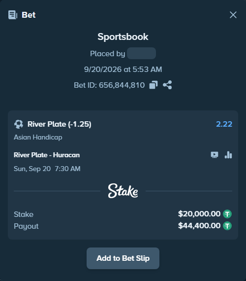 Bet slip: River Plate - Huracan, $20,000.00 stake at 2.22 odds, placed by Agus1033