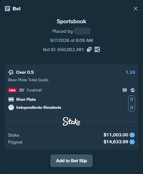 Bet slip: River Plate - Independiente Rivadavia, $11,003.00 stake at 1.33 odds, placed by Jonsa10