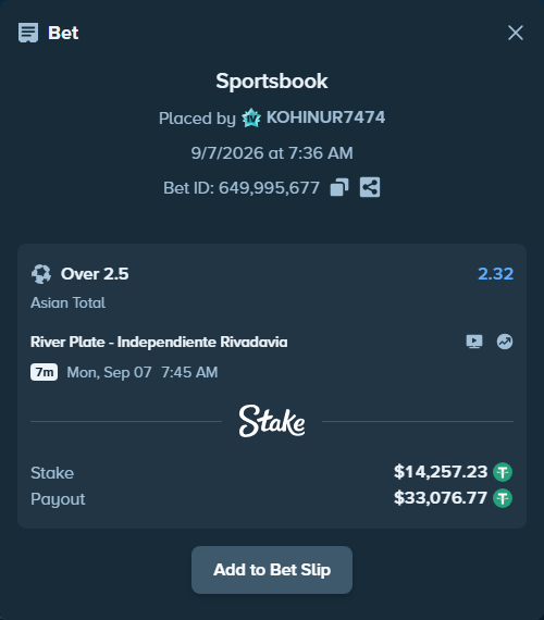 Bet slip: River Plate - Independiente Rivadavia, $14,255.80 stake at 2.32 odds, placed by KOHINUR7474