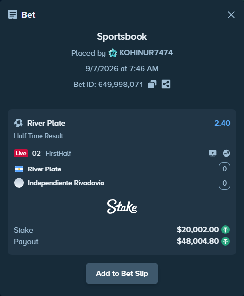 Bet slip: River Plate - Independiente Rivadavia, $20,000.00 stake at 2.40 odds, placed by KOHINUR7474