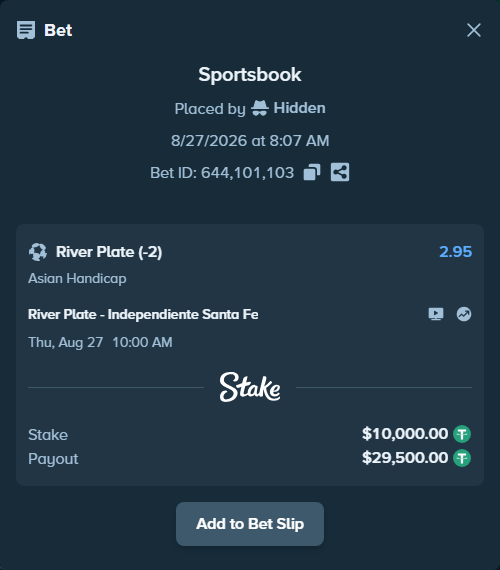 Bet slip: River Plate - Independiente Santa Fe, $10,000.00 stake at 2.95 odds, placed by Hidden