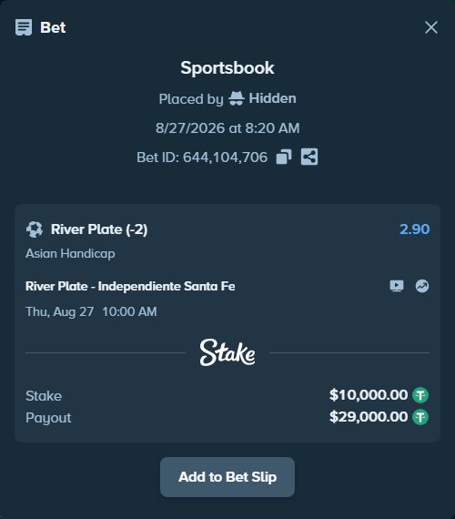 Bet slip: River Plate - Independiente Santa Fe, $10,000.00 stake at 2.90 odds, placed by Hidden