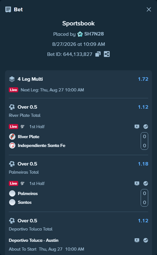 Bet slip: River Plate - Independiente Santa Fe, $20,000.00 stake at 1.12 odds, placed by SH7N28