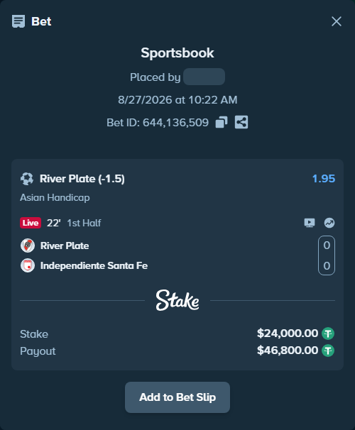 Bet slip: River Plate - Independiente Santa Fe, $24,000.00 stake at 1.95 odds, placed by Agus1033