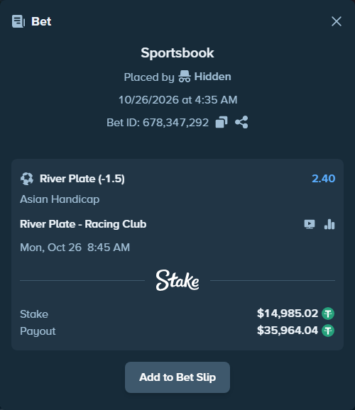 Bet slip: River Plate - Racing Club, $15,000.00 stake at 2.40 odds, placed by Agus1033