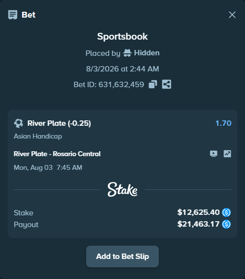 Bet slip: River Plate - Rosario Central, $12,625.40 stake at 1.70 odds, placed by Hidden