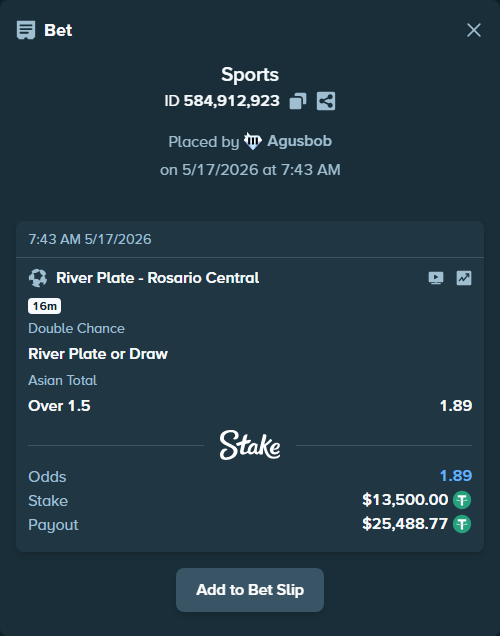 Bet slip: River Plate - Rosario Central, $13,513.50 stake at 1.26 odds, placed by Agusbob
