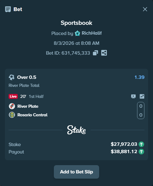 Bet slip: River Plate - Rosario Central, $28,000.00 stake at 1.39 odds, placed by RichHalif