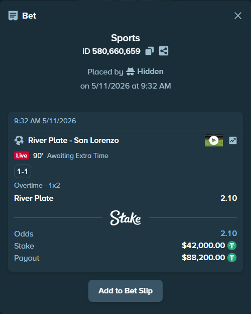 Bet slip: River Plate - San Lorenzo, $42,000.00 stake at 2.10 odds, placed by Hidden