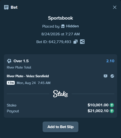 Bet slip: River Plate - Velez Sarsfield, $10,000.00 stake at 2.10 odds, placed by Agus1033