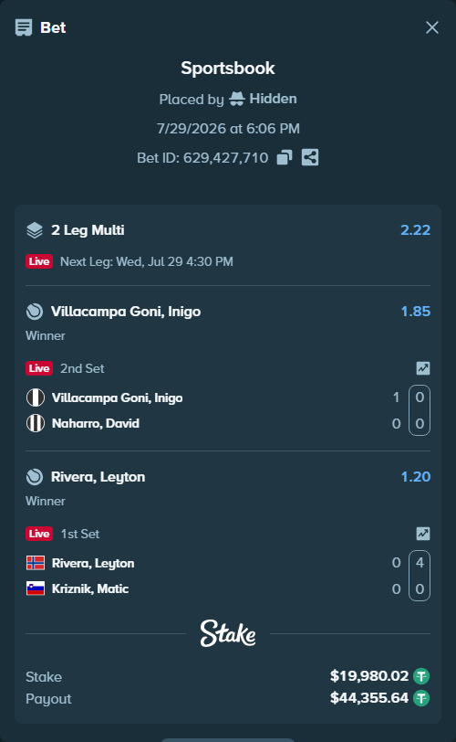 Bet slip: Rivera, Leyton - Kriznik, Matic, $20,000.00 stake at 1.20 odds, placed by Hidden