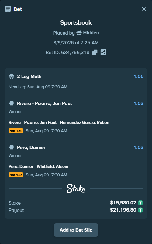 Bet slip: Rivera - Pizarro, Jan Paul - Hernandez Garcia, Ruben, $20,000.00 stake at 1.03 odds, placed by Hidden