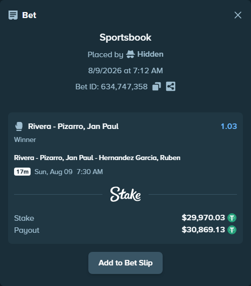 Bet slip: Rivera - Pizarro, Jan Paul - Hernandez Garcia, Ruben, $30,000.00 stake at 1.03 odds, placed by Hidden