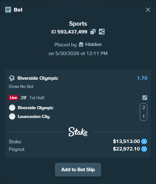 Bet slip: Riverside Olympic - Launceston City, $13,513.00 stake at 1.70 odds, placed by Hidden